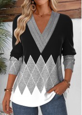 Geometric Print Tummy Coverage Grey Long Sleeve T Shirt