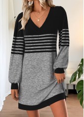 Striped Tummy Coverage Grey Short Long Sleeve Dress