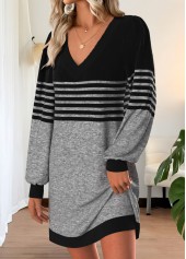 Striped Tummy Coverage Grey Short Long Sleeve Dress