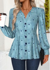 Denim-effect Print Peplum Denim Blue Long Sleeve Shirt