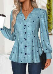 Denim-effect Print Peplum Denim Blue Long Sleeve Shirt
