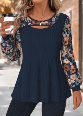 Floral Print Tummy Coverage Navy Long Sleeve T Shirt