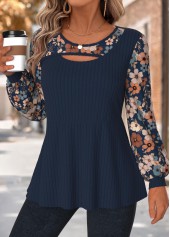 Floral Print Tummy Coverage Navy Long Sleeve T Shirt