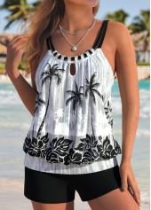 Tropical Plants Print Tummy Coverage Black Tankini Top-No Bottom
