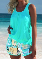 Mid Waisted Geometric Print Tummy Coverage Tankini Set