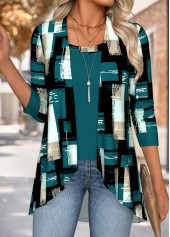 Geometric Print Tummy Coverage Blackish Green Blouse