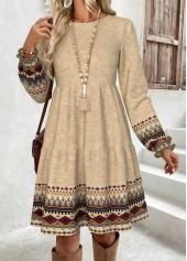 Tribal Print Tummy Coverage Light Camel Long Sleeve Dress