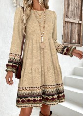 Tribal Print Tummy Coverage Light Camel Long Sleeve Dress
