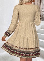 Tribal Print Tummy Coverage Light Camel Long Sleeve Dress