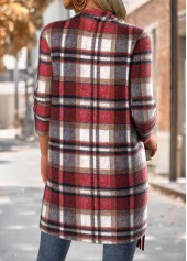 Plaid Tummy Coverage Red Long Sleeve Draped Neck Coat