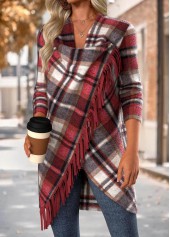 Plaid Tummy Coverage Red Long Sleeve Draped Neck Coat