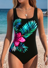 Floral Print Tummy Control Black One Piece Swimwear