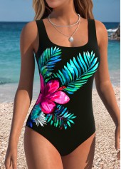 Floral Print Tummy Control Black One Piece Swimwear