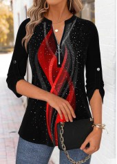 Ombre Tummy Coverage Black 3/4 Sleeve Split Neck Blouse