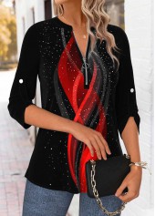 Ombre Tummy Coverage Black 3/4 Sleeve Split Neck Blouse
