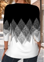 Geometric Print Tuck Stitch Black Long Sleeve Blouse