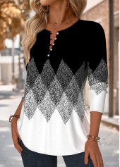 Geometric Print Tuck Stitch Black Long Sleeve Blouse