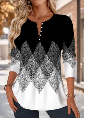 Geometric Print Tuck Stitch Black Long Sleeve Blouse
