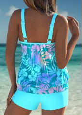 Mid Waisted Floral Print Tummy Coverage Cyan Tankini Set