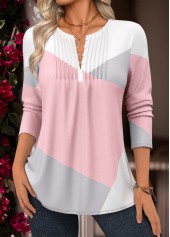 Geometric Print Tuck Stitch Light Pink Long Sleeve Blouse