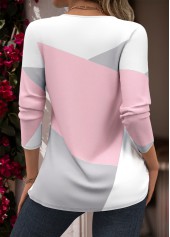 Geometric Print Tuck Stitch Light Pink Long Sleeve Blouse