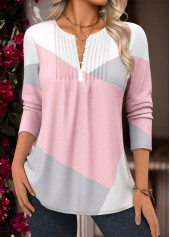Geometric Print Tuck Stitch Light Pink Long Sleeve Blouse