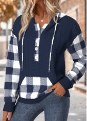 Plaid Tummy Coverage Navy Long Sleeve Hoodie