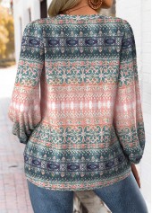 Tribal Print Tummy Coverage Multi Color Long Sleeve Blouse