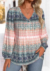 Tribal Print Tummy Coverage Multi Color Long Sleeve Blouse