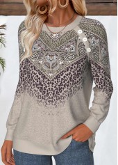 Tribal Print Tummy Coverage Gray Brown Long Sleeve Sweatshirt