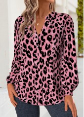 Leopard Tummy Coverage Pink Long Sleeve Split Neck Blouse