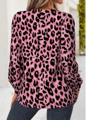 Leopard Tummy Coverage Pink Long Sleeve Split Neck Blouse