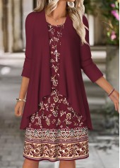Floral Print Tummy Coverage Wine Red Dress and Cardigan