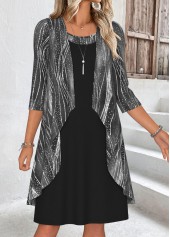 Geometric Print Tummy Coverage Black Dress and Cardigan
