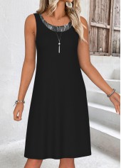 Geometric Print Tummy Coverage Black Dress and Cardigan