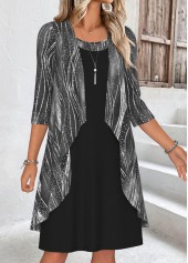 Geometric Print Tummy Coverage Black Dress and Cardigan