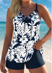 Mid Waisted Floral Print Bowknot Navy Tankini Set