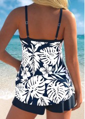 Mid Waisted Floral Print Bowknot Navy Tankini Set