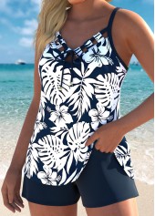 Mid Waisted Floral Print Bowknot Navy Tankini Set