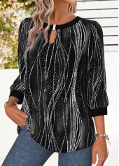 Ombre Tummy Coverage Black 3/4 Sleeve Round Neck Blouse
