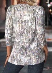 Dazzle Colorful Print Tuck Stitch Silvery White Blouse