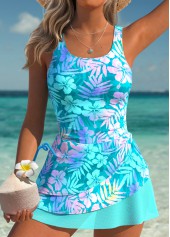 Floral Print Tummy Control Cyan One Piece Swimdress