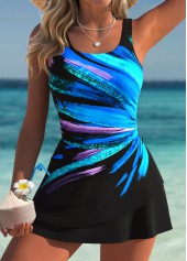 Dazzle Colorful Print Tummy Coverage Black One Piece Swimdress
