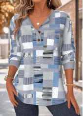 Geometric Print Tummy Coverage Dusty Blue Long Sleeve Sweatshirt