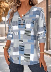 Geometric Print Tummy Coverage Dusty Blue Long Sleeve Sweatshirt