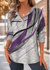 Geometric Print Tummy Coverage Purple Long Sleeve Sweatshirt