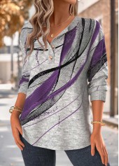 Geometric Print Tummy Coverage Purple Long Sleeve Sweatshirt