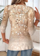 Heart Print Patchwork Light Camel Long Sleeve T Shirt