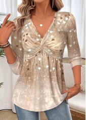 Heart Print Patchwork Light Camel Long Sleeve T Shirt