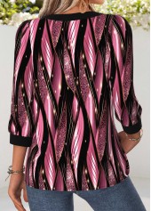 Geometric Print Tummy Coverage Pink 3/4 Sleeve Blouse